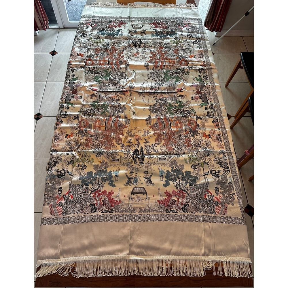 Vintage Oriental Garden Scene Woven Tapestry Table Runner Cream Fringe Large